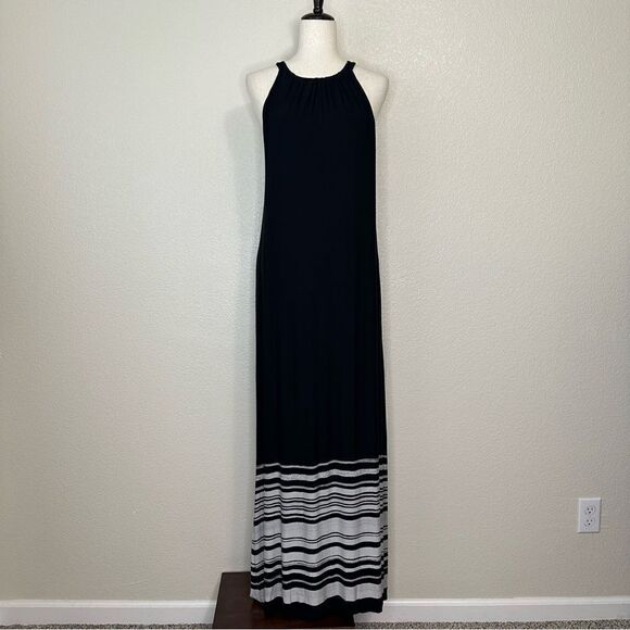 Soma Halter Black Gray Striped Maxi Dress - Picture 2 of 13